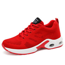 洛尚夏季新款网面镂空透气女红色运动鞋内增高休闲跑步鞋气垫飞织网布鞋LS876(红色 40)