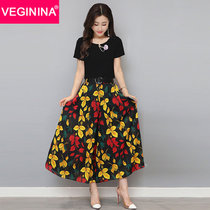 VEGININA 修身气质雪纺印花九分阔腿裙裤两件套 2990(黑+叶子 3XL)
